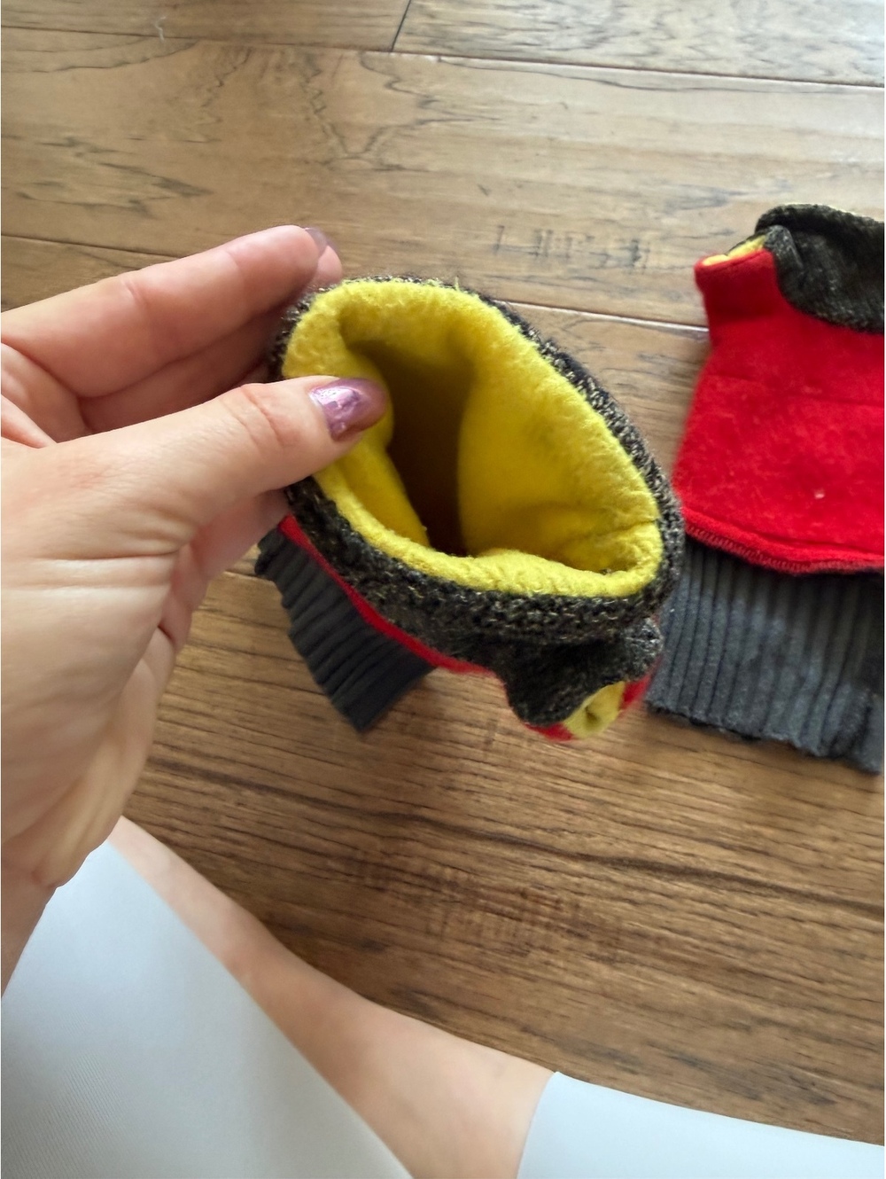 Handmade Fingerless Gloves with Thumb Opening, Multicolor Knit and Fleece Lining - Picture 3 of 4